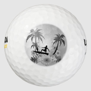 Sufing, surfboarder with palm and fowers golf balls