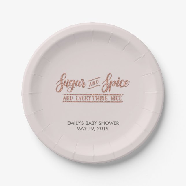Sugar and Spice Rose Gold Typography Baby Shower Paper Plate (Front)
