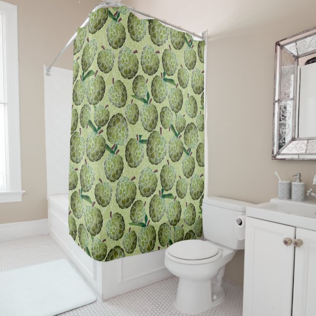 Sugar Apple Watercolor | Green Shower Curtain (In Situ)