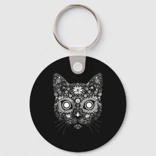 Sugar Cat Skull Flower Artistic Design Key Ring