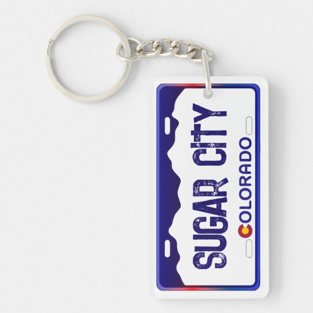 Sugar City Colorado blue license plate keychain (Front)