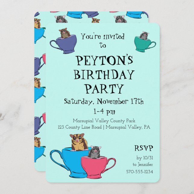 Sugar Glider in Tea Cups Custom Birthday Party Invitation (Front/Back)