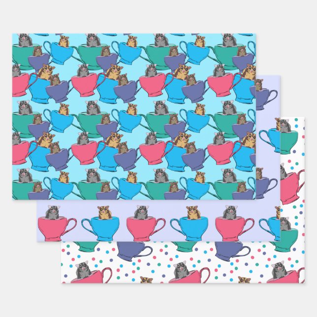 Sugar Gliders in Tea Cups Colourful Patterned Wrapping Paper Sheet (Set)