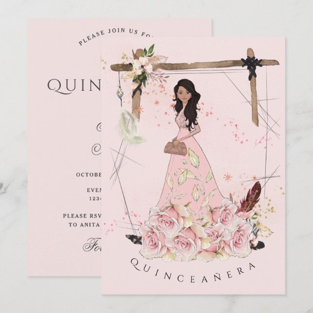 Sugar Pink Boho Beauty Quinceañera Invitation (Front/Back)