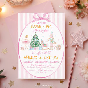 Sugar Plum Christmas Nutcracker Pink Bow Birthday Invitation
