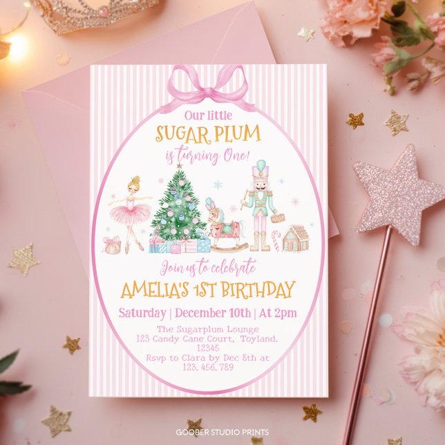 Sugar Plum Christmas Nutcracker Pink Bow Birthday Invitation (Creator Uploaded)