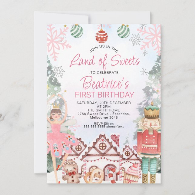 Sugar Plum Fairy and Gingerbread House Birthday Invitation (Front)