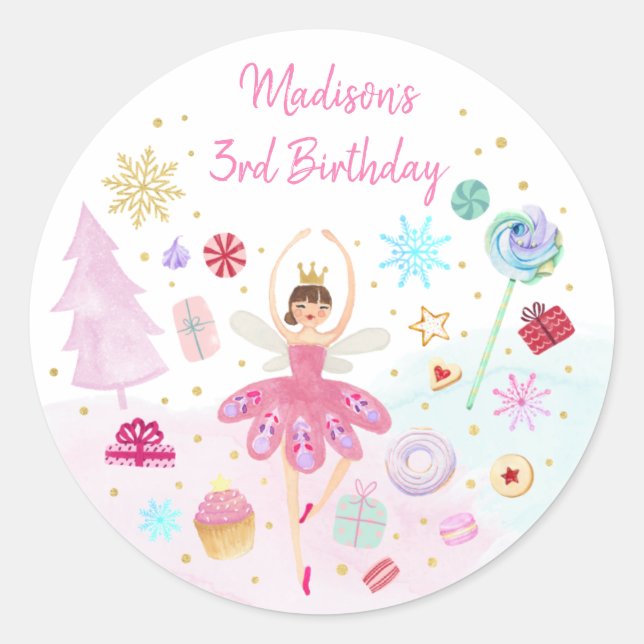 Sugar Plum Fairy Land of Sweets Pink Gold Birthday Classic Round Sticker (Front)