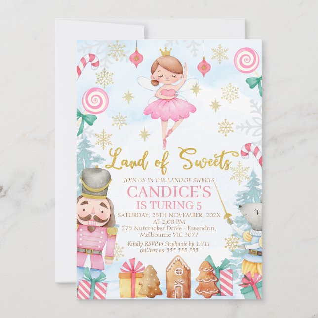 Sugar Plum Fairy Nutcracker Land of Sweet Birthday Invitation (Front)