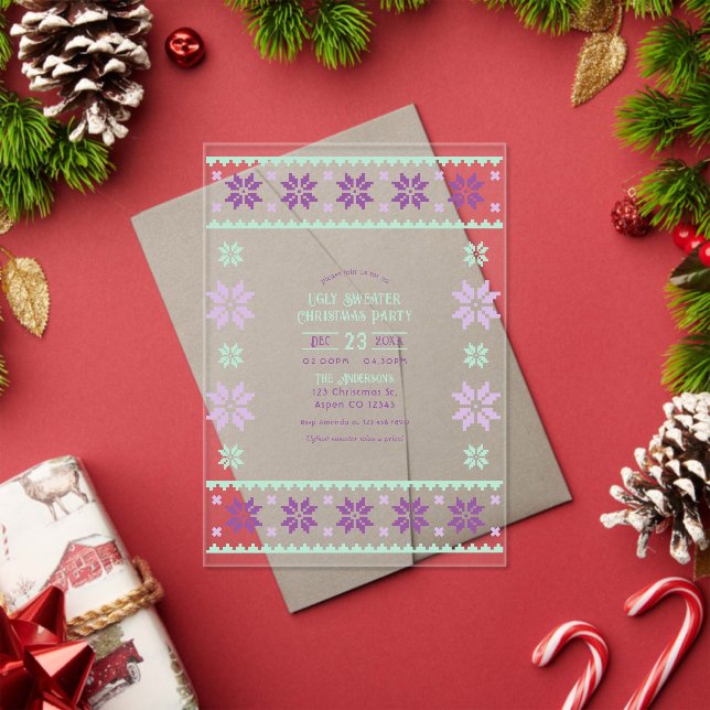 Sugar Plum Frost Ugly Sweater Christmas Party Acrylic Invitations (Insitu (Holiday))