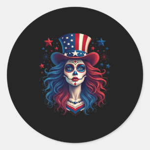 Sugar Skull 4th Of July American Flag Skeleton Wom Classic Round Sticker