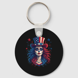 Sugar Skull 4th Of July American Flag Skeleton Wom Key Ring