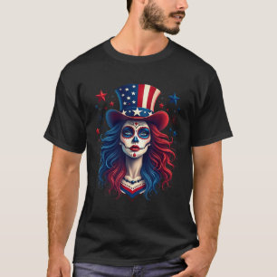 Sugar Skull 4th Of July American Flag Skeleton Wom T-Shirt