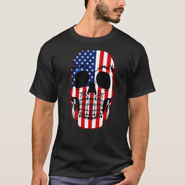 Sugar Skull American Flag 4th Of July Cool Patriot T-Shirt (Front)