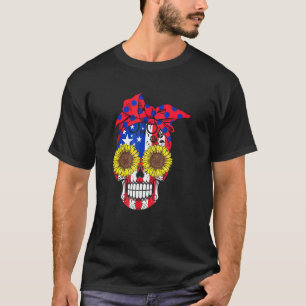 Sugar Skull American flag sunflower floral flowers T-Shirt