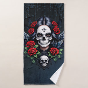 Sugar Skull Angel with Roses. Bath Towel