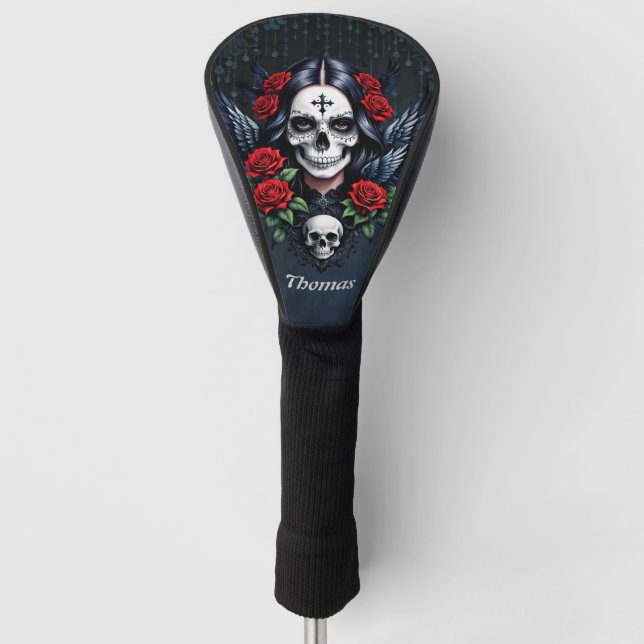Sugar Skull Angel with Roses.  Golf Head Cover (Front)