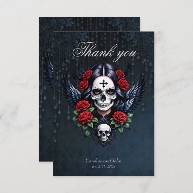 Sugar Skull Angel with Roses.  Thank You Card (Front/Back)
