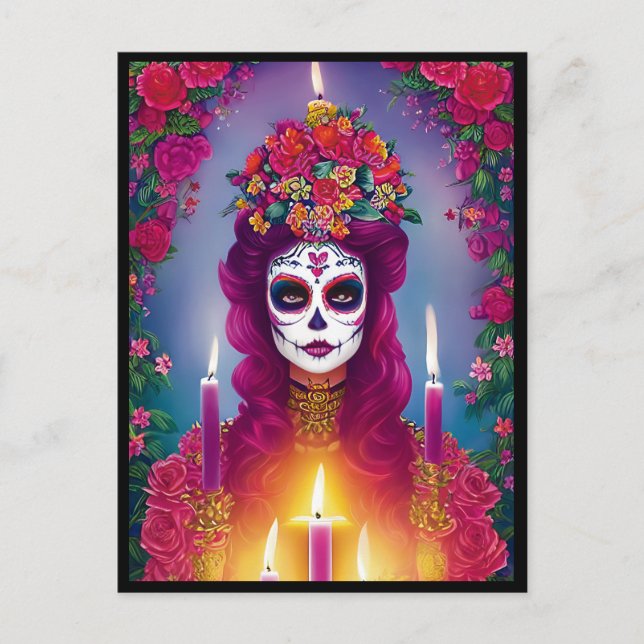 Sugar Skull Art -  Beautiful Woman at Altar Postcard (Front)