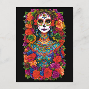 Sugar Skull Art -  Beautiful Woman in Flowers Postcard