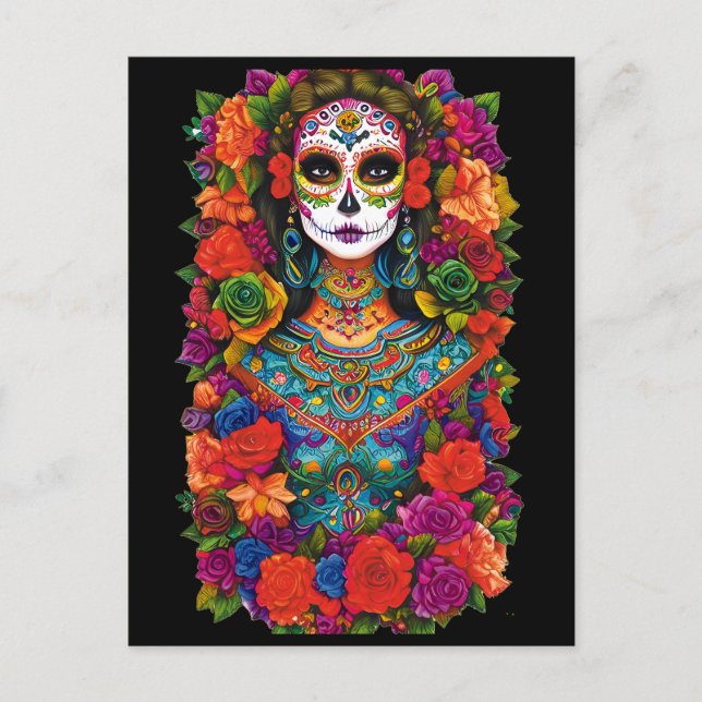 Sugar Skull Art -  Beautiful Woman in Flowers Postcard (Front)