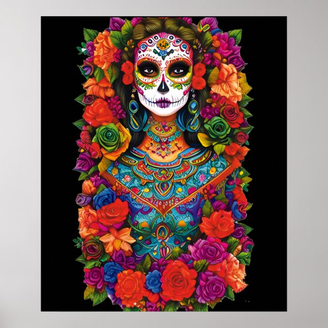 Sugar Skull Art -  Beautiful Woman in Flowers Poster (Front)