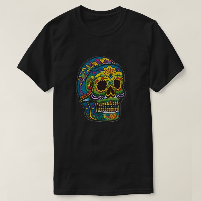Sugar Skull Art - Blue with Golden Makeup T-Shirt (Design Front)