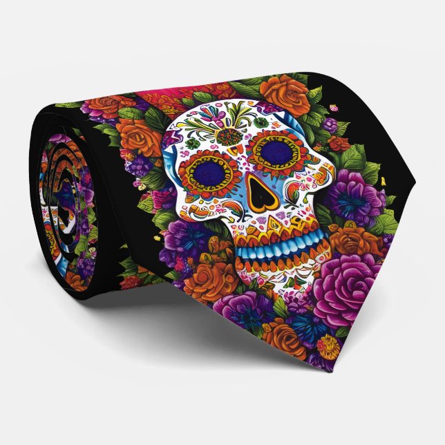 Sugar Skull Art - Celebrate Dia de los Muertos Tie (Rolled)