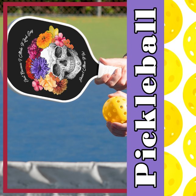 Sugar Skull Art Collage Colourful Flowers on Black Pickleball Paddle (Sugar Skull Art Collage Colorful Flowers on Black Pickleball Paddle)