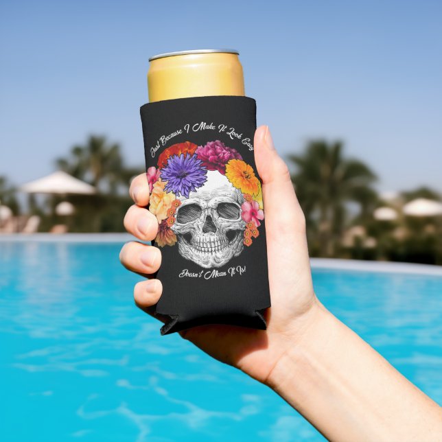 Sugar Skull Art Collage Colourful Flowers on Black Seltzer Can Cooler (In Situ Pool)