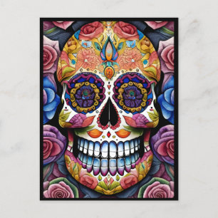 Sugar Skull Art - Colourful Day of the Dead Skull Postcard
