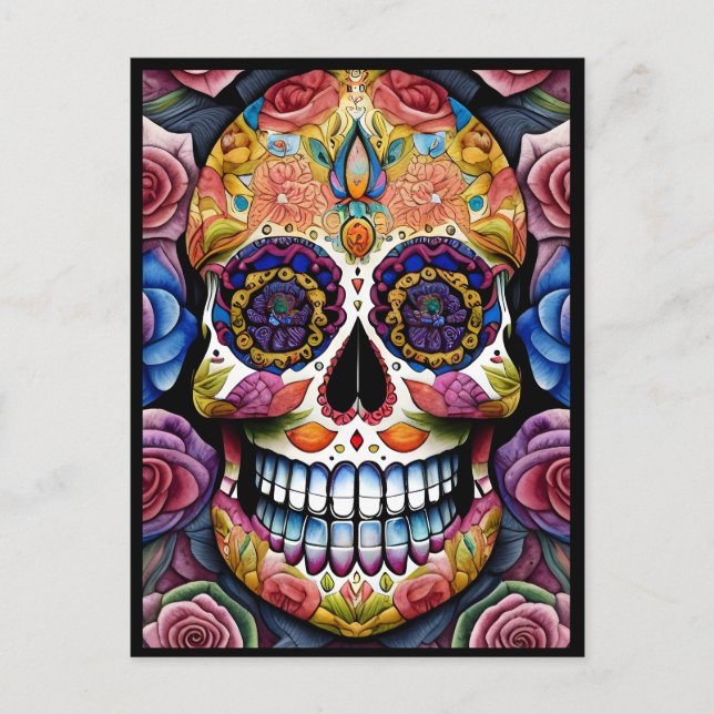 Sugar Skull Art -  Colourful Day of the Dead Skull Postcard (Front)