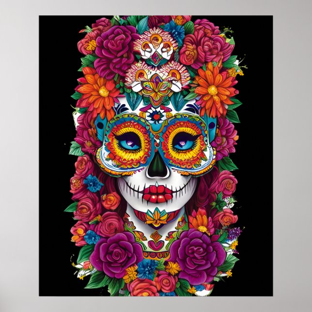Sugar Skull Art -  Colourful Dia de los Muertos Poster (Front)