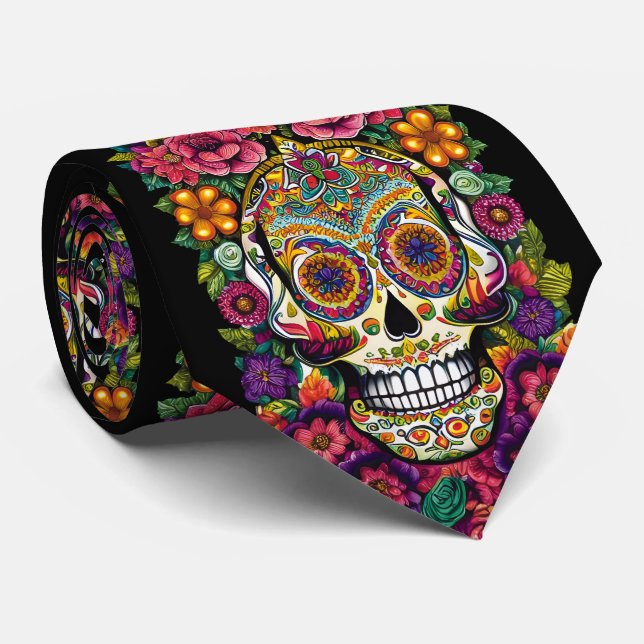 Sugar Skull Art - Colourful Dia de los Muertos Tie (Rolled)
