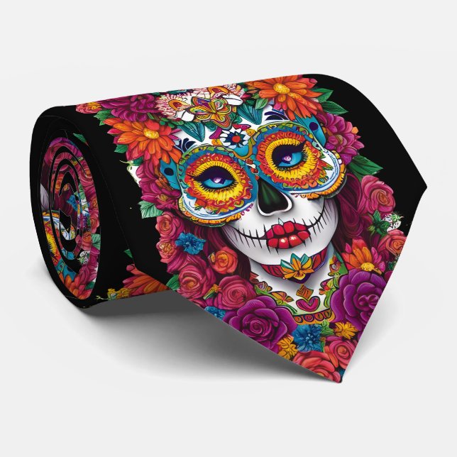 Sugar Skull Art -  Colourful Dia de los Muertos Tie (Rolled)