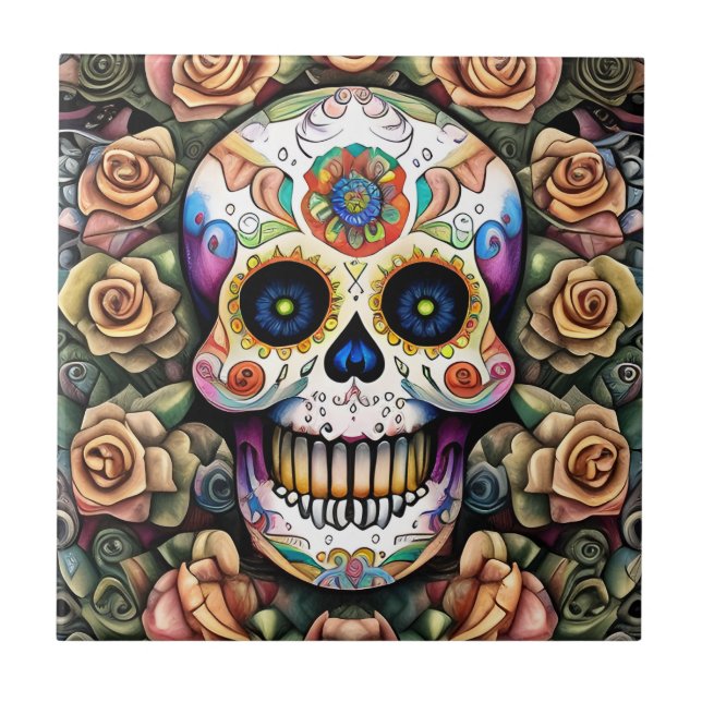 Sugar Skull Art - Colourful Mexican Celebration Tile (Front)