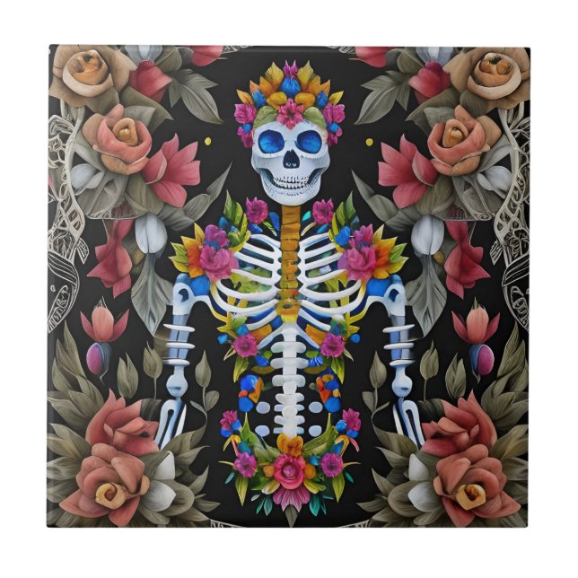 Sugar Skull Art - Colourful Skeleton Tile (Front)