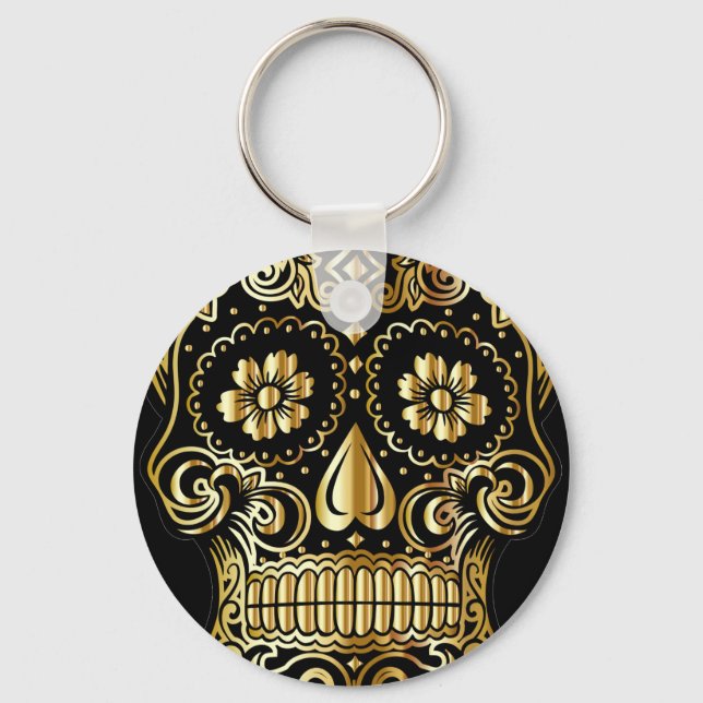 Sugar Skull Art, Day of the Dead Black and Gold Key Ring (Front)