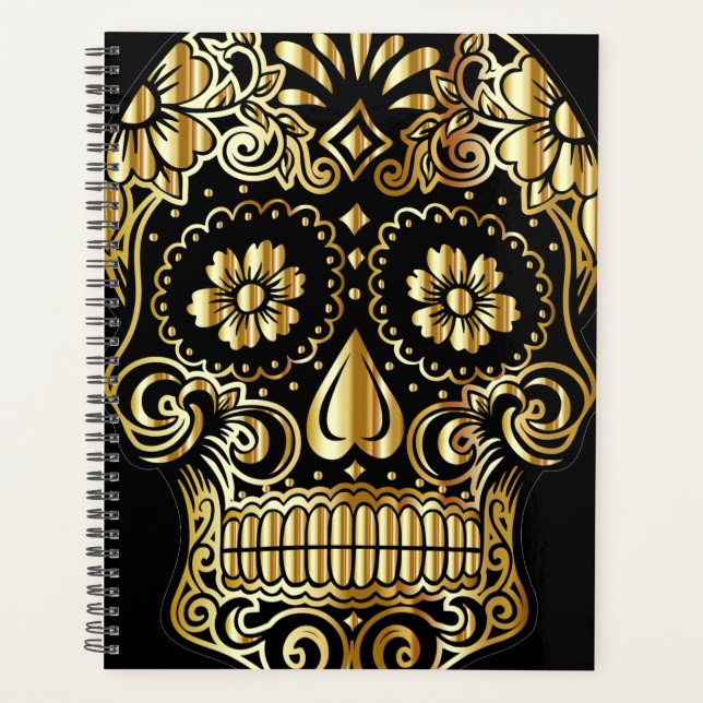 Sugar Skull Art, Day of the Dead Black and Gold Planner (Front)