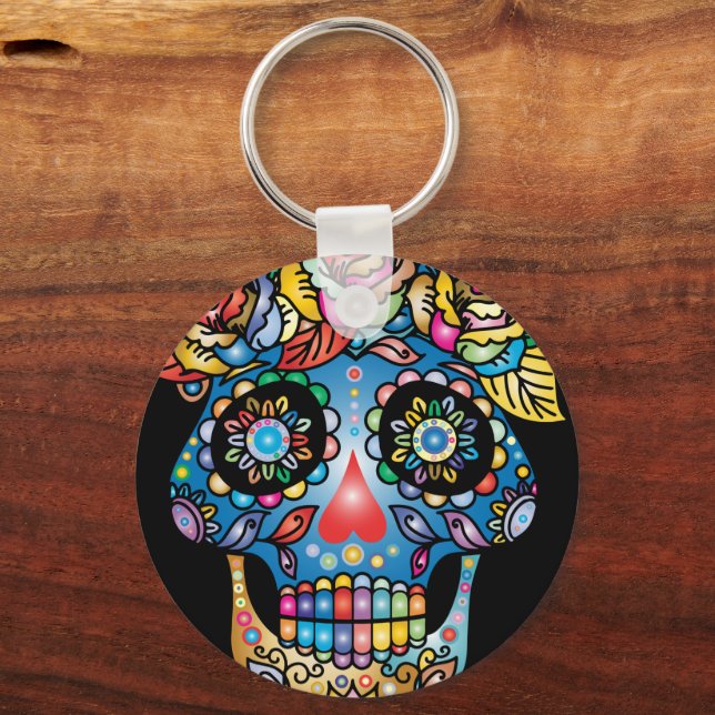 Sugar Skull Art, Day of the Dead Key Ring (Back)