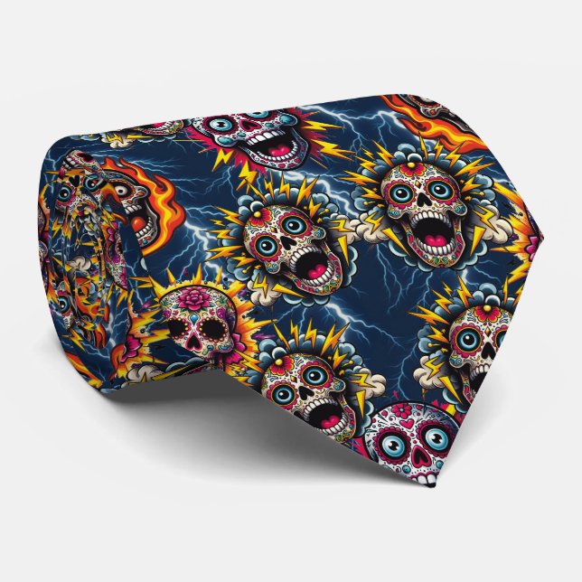 Sugar Skull Art - Day of the Dead Lightning Tie (Rolled)