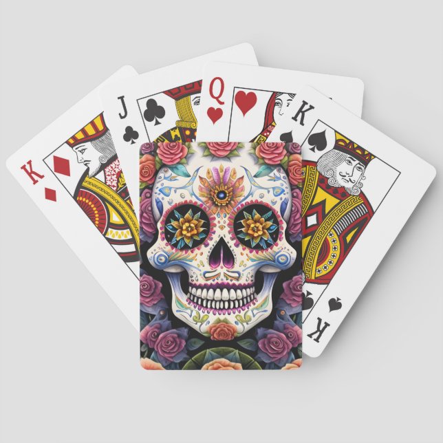 Sugar Skull Art - Dia de los Muertos Floral Skull Playing Cards (Back)
