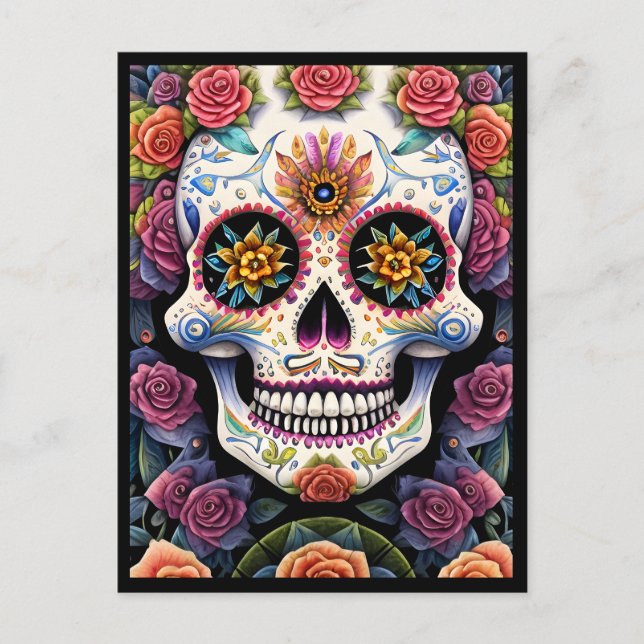 Sugar Skull Art - Dia de los Muertos Floral Skull Postcard (Front)