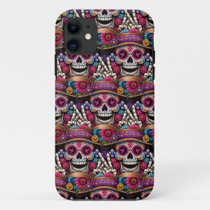 Sugar Skull Art - Día de los Muertos Peace Sign iPhone 11 Case