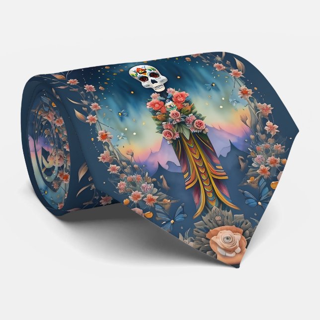 Sugar Skull Art - Festive Day of the Dead Tie (Rolled)