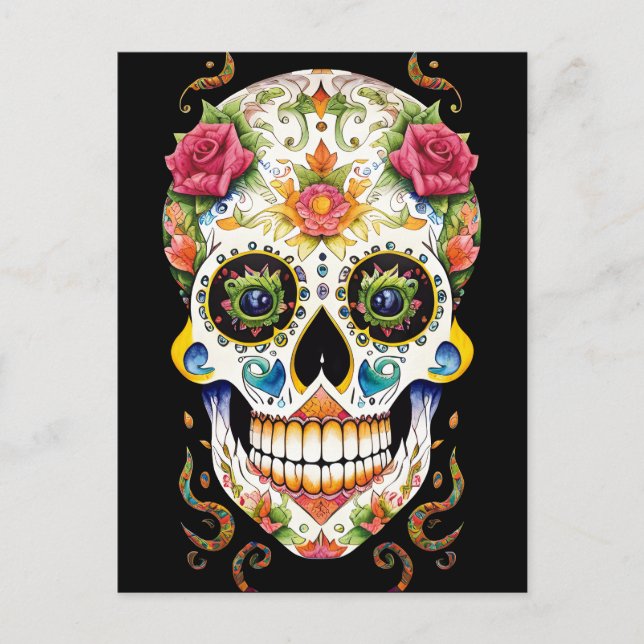 Sugar Skull Art - Festive with Pink Roses Postcard (Front)