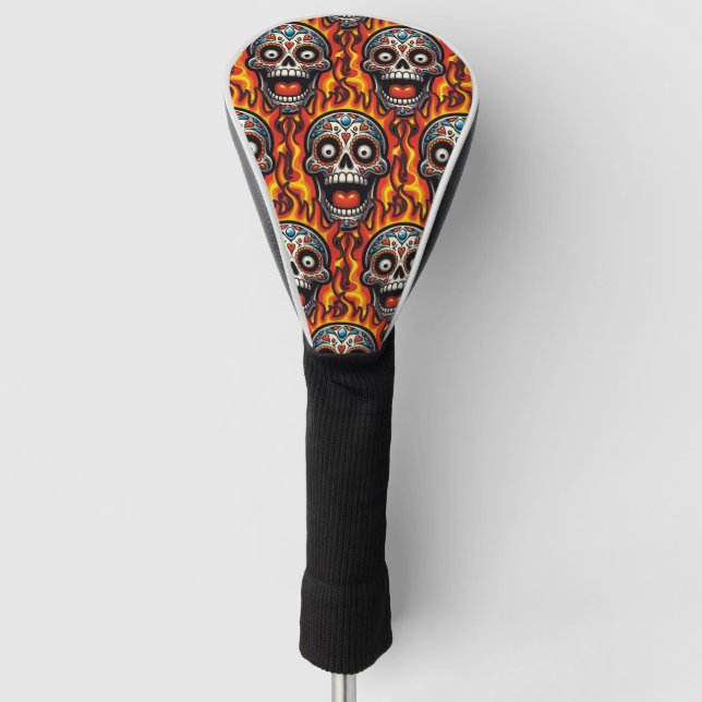 Sugar Skull Art - Flaming Skull Golf Head Cover (Front)