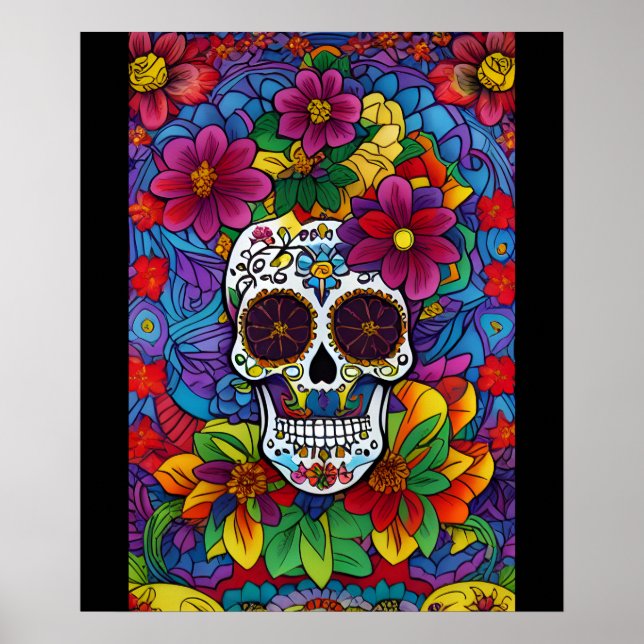 Sugar Skull Art -  Floral Fiesta Poster (Front)