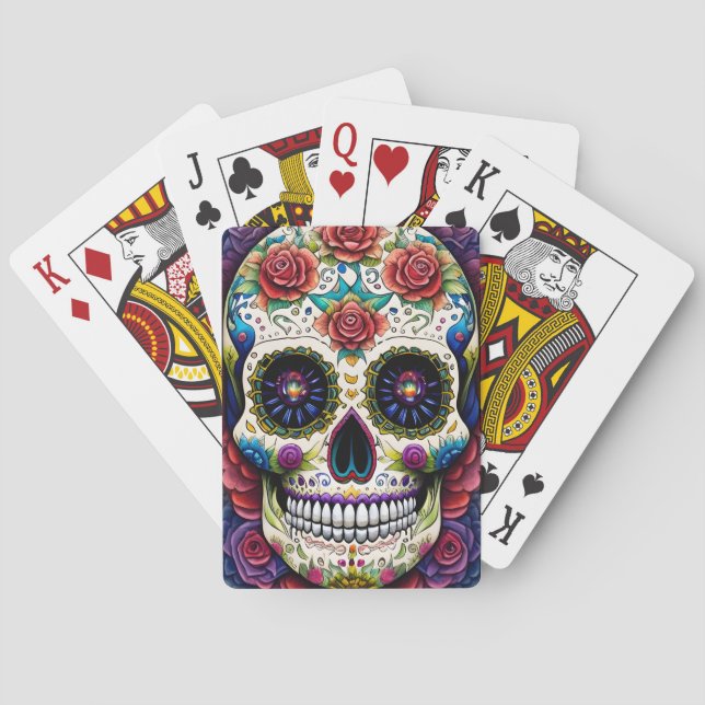 Sugar Skull Art Flower Skull Pink Roses Playing Cards (Back)
