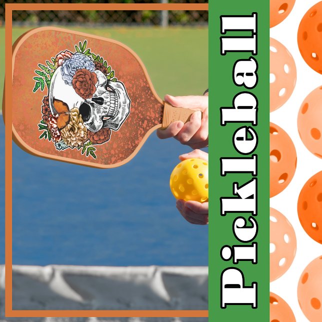 Sugar Skull Art Flowers Butterfly Orange Grunge Pickleball Paddle (Sugar Skull Art Flowers Butterfly Orange Grunge Pickleball Paddle
)